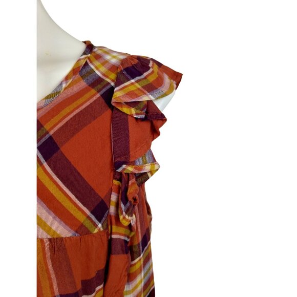 Time and Tru Womens XXL Orange and Yellow Plaid Ruffle Sleeveless Blouse - Picture 4 of 13